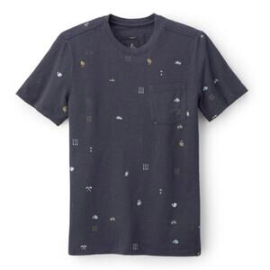 PrAna Mens Auxi Crew Slim T-Shirt Organic Cotton Novelty Print Camp Theme Navy L
